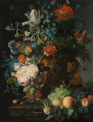 Stilleben med blomster og frukt